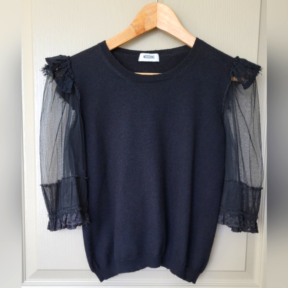 MOSCHINO Sheer Mesh Lace 3/4 Sleeves Cropped Top Sweater Black